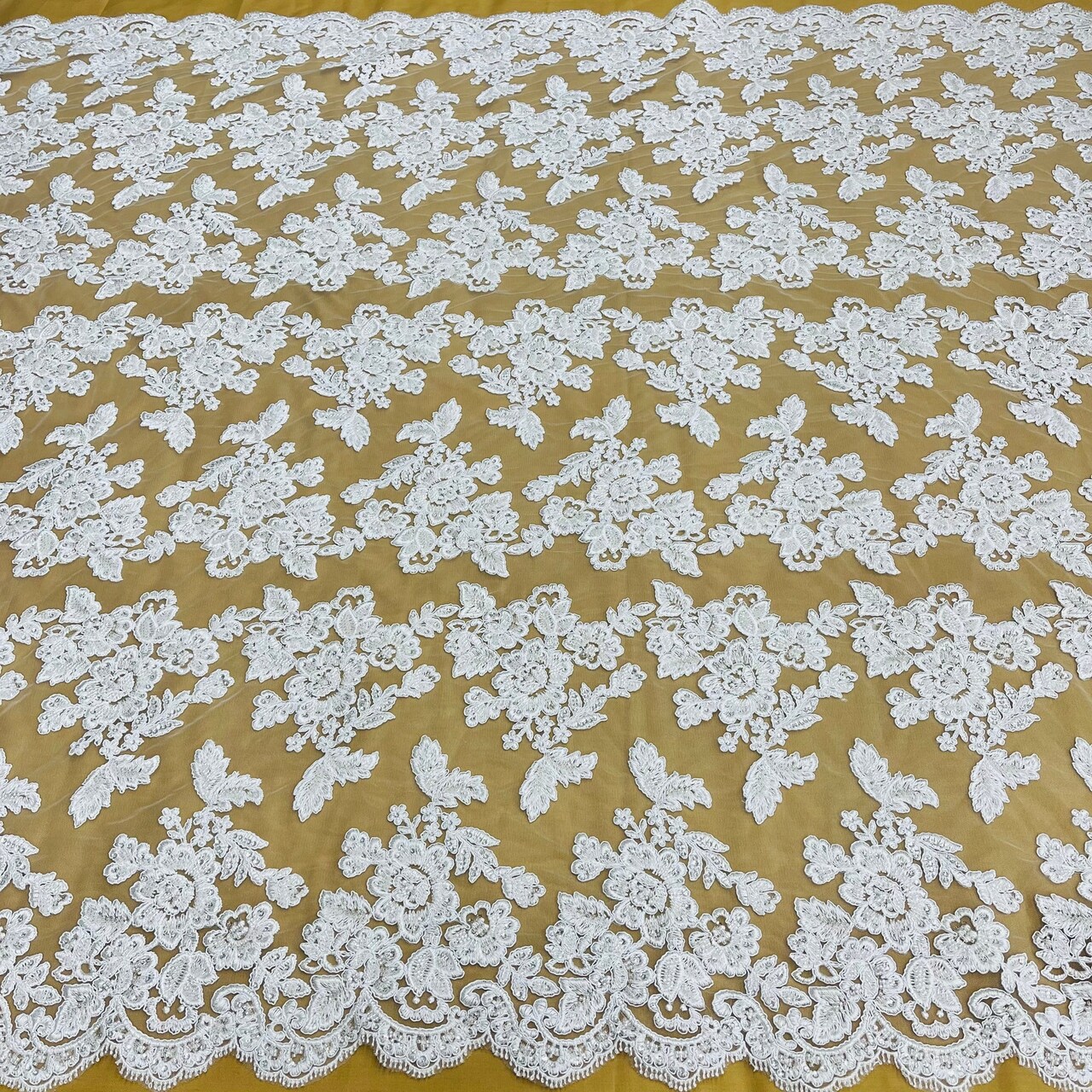 1 Yard Beaded Corded Bridal Lace Fabric Embroidered on Premium Polyester Mesh 51 Inches